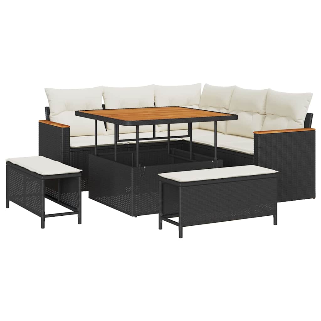 8 dalių sodo sofa komplektas su pagalvėmis juodas poliratanas akacijos