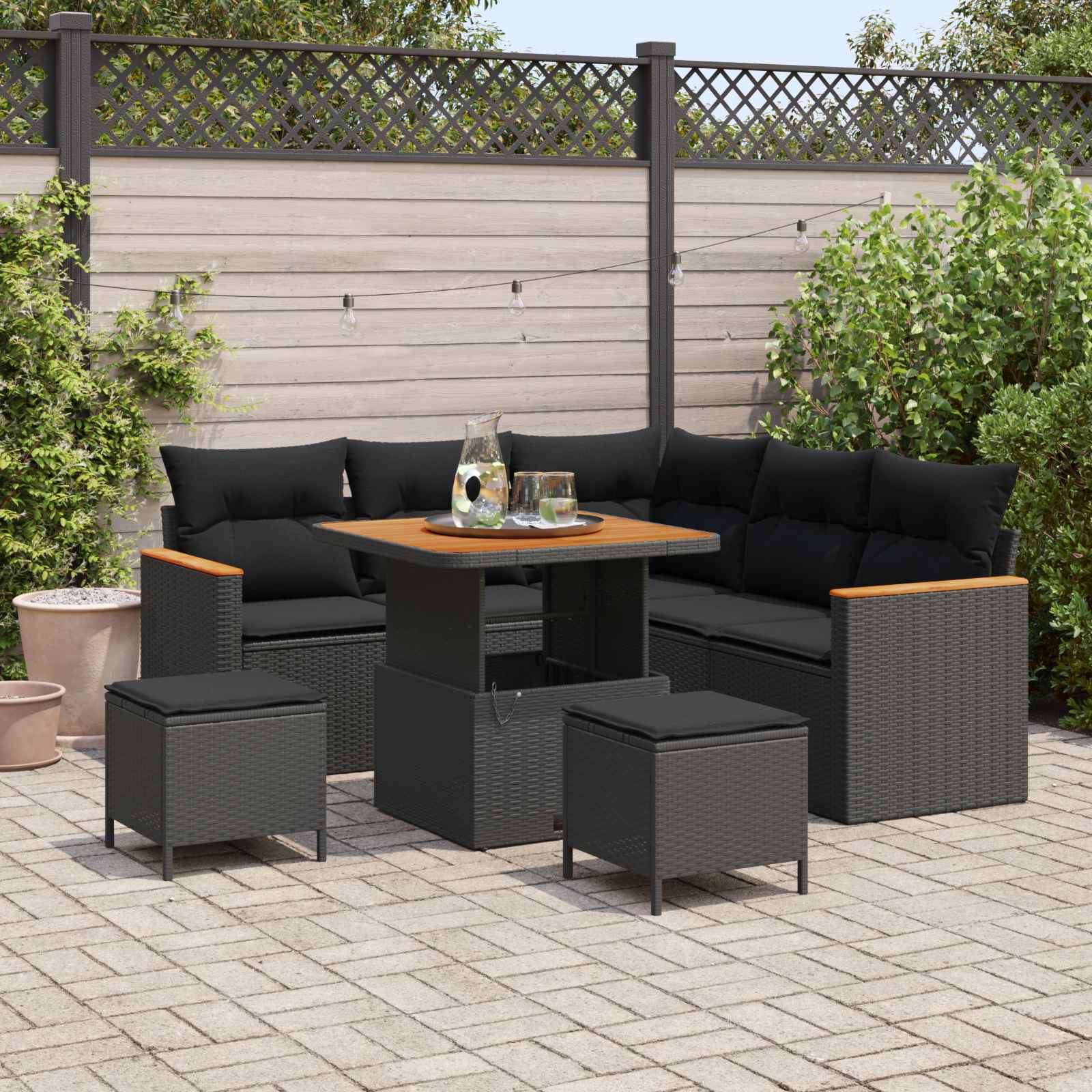 Sodo Sofų Rinkinys su pagalve 8 pcs Juoda Poli ratanas