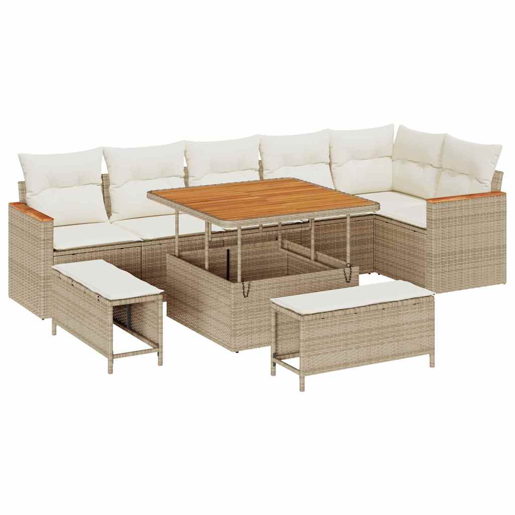 9 dalių Sodo Sofa Rinkinys su Pagalvėmis Smėlio Poli Ratanas Akacija