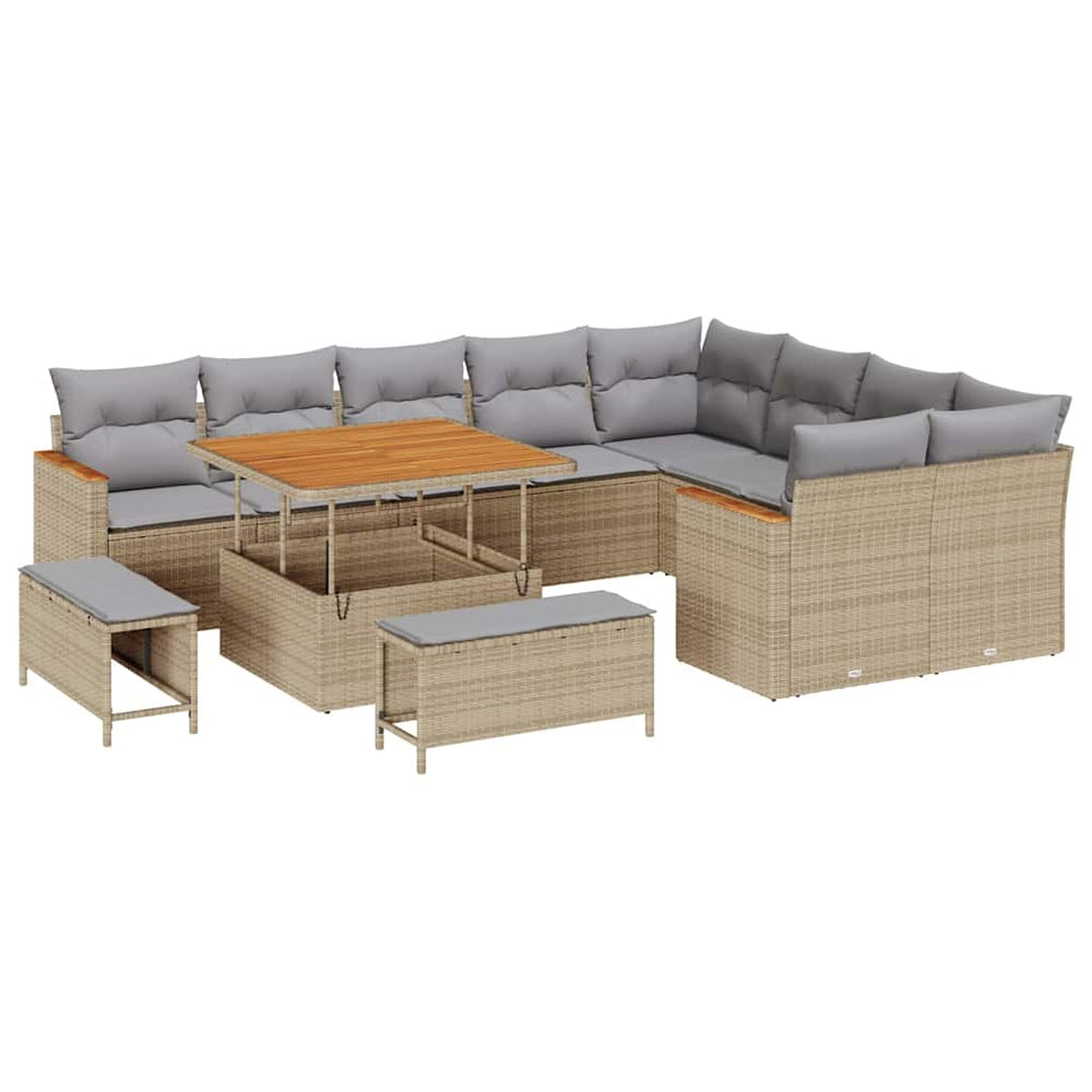 12-Piece Garden Sofa Set with Cushions Beige Poly Rattan Acacia