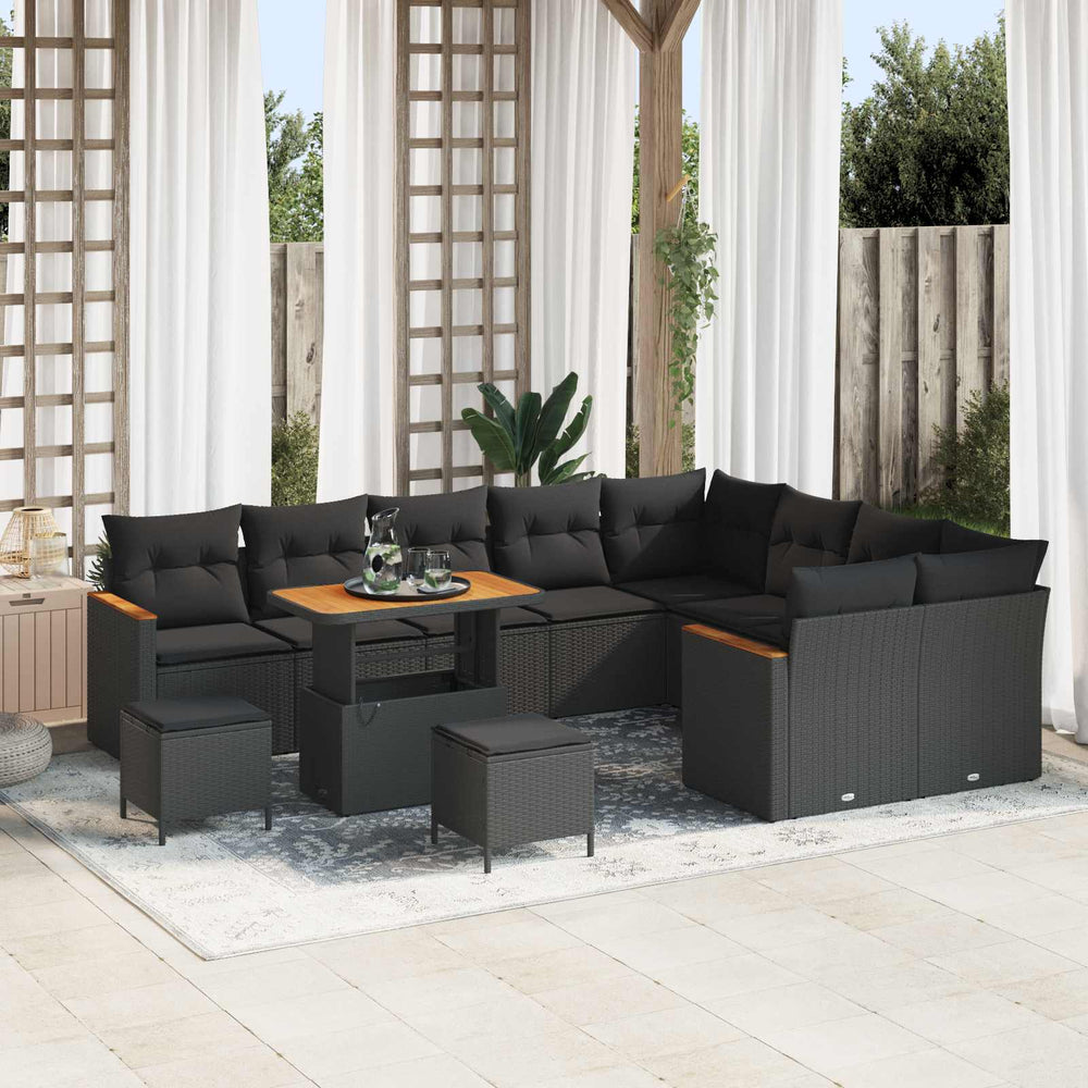 12 dalių sodo sofa komplektas su pagalvėmis Juodas poli ratanas akacijos mediena