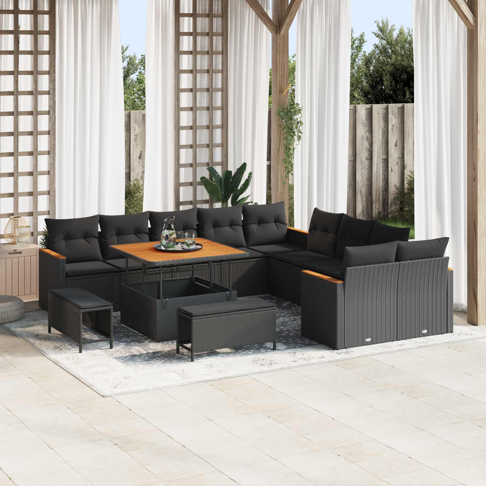 13 dalių sodo sofa rinkinys su pagalvėlėmis Juodas Poli Ratanas Akacija