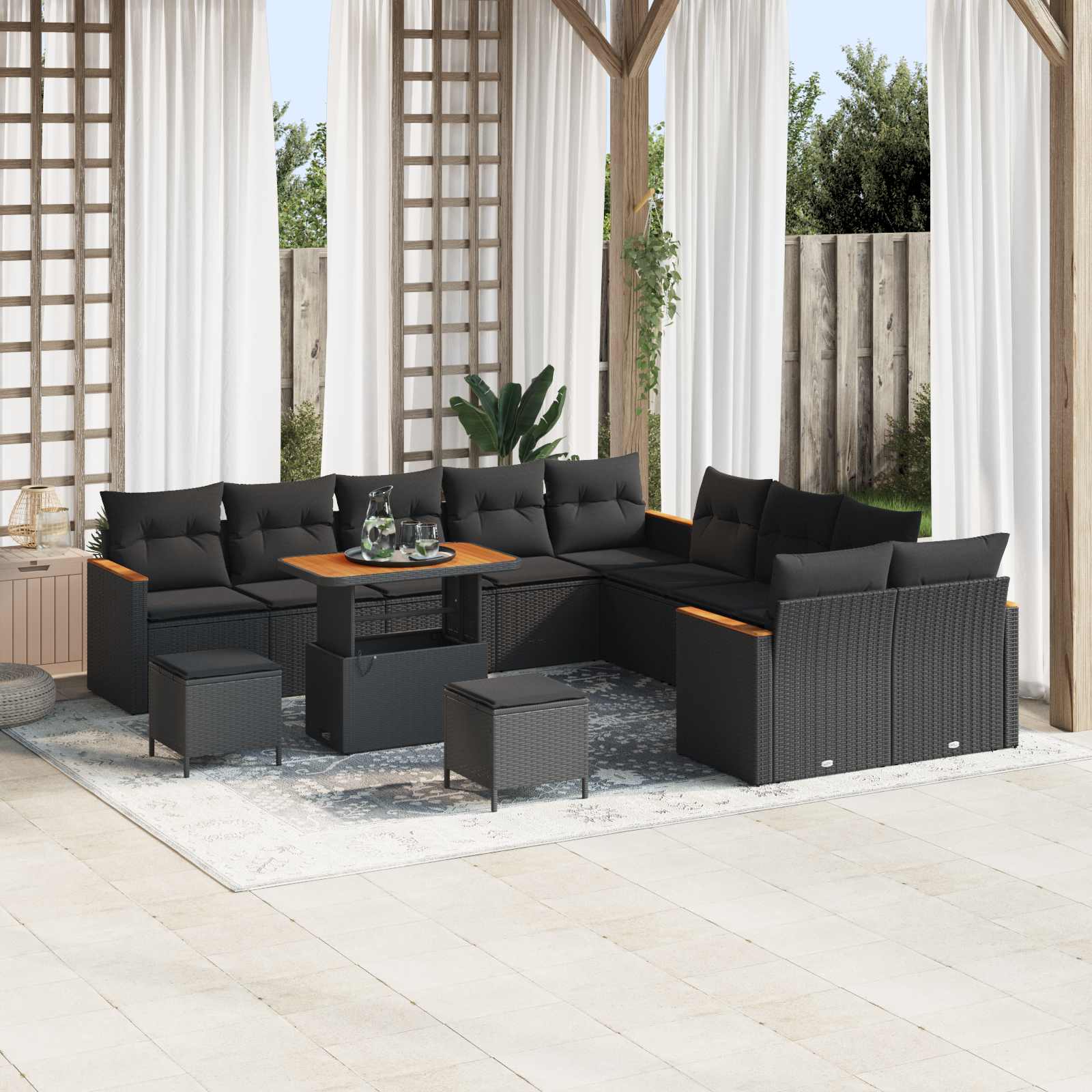 13 Dalių Sodo Sofa Rinkinys su Pagalvėmis Juodas Poli Ratanas Akacija
