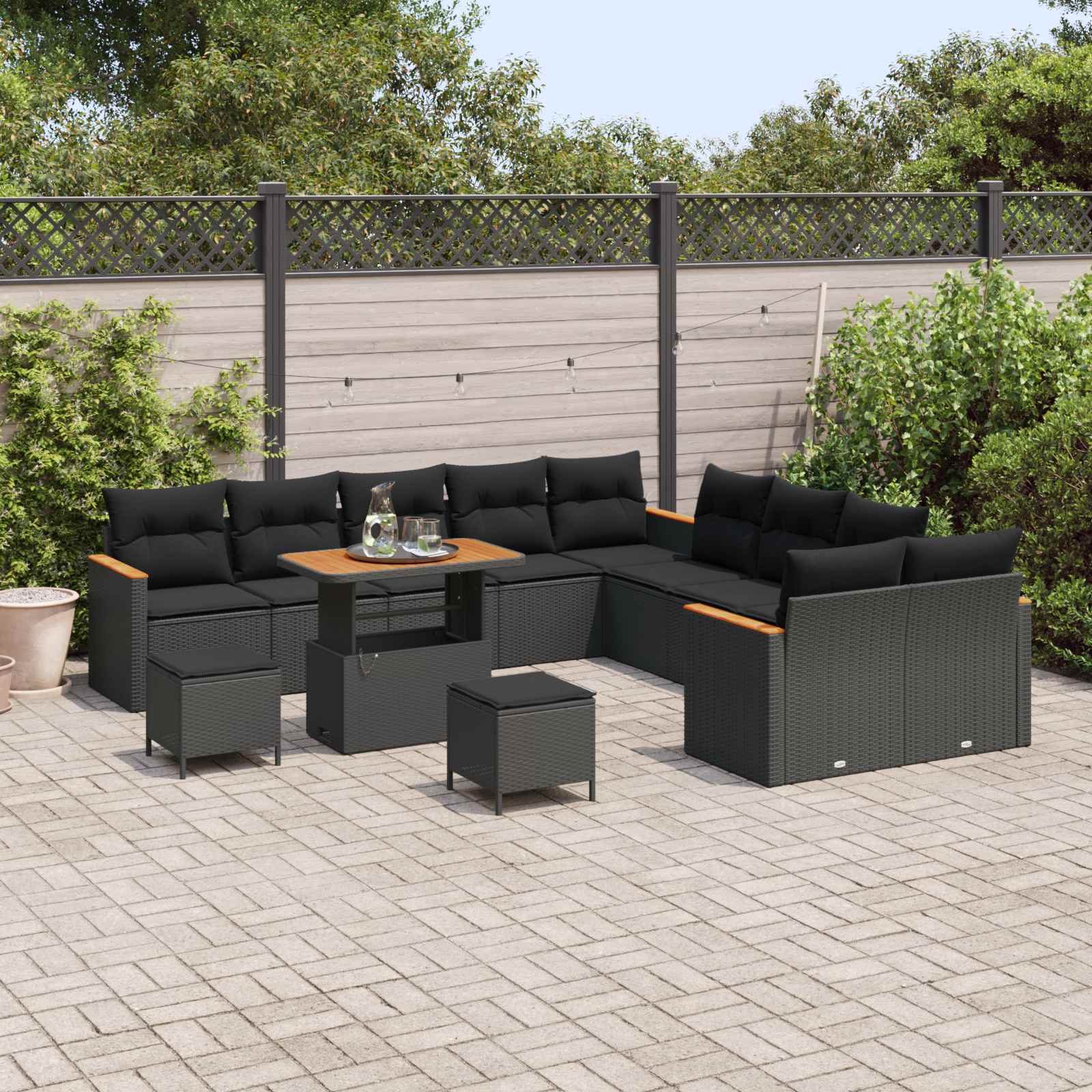 13 Dalių Sodo Sofa Rinkinys su Pagalvėmis Juodas Poli Ratanas Akacija