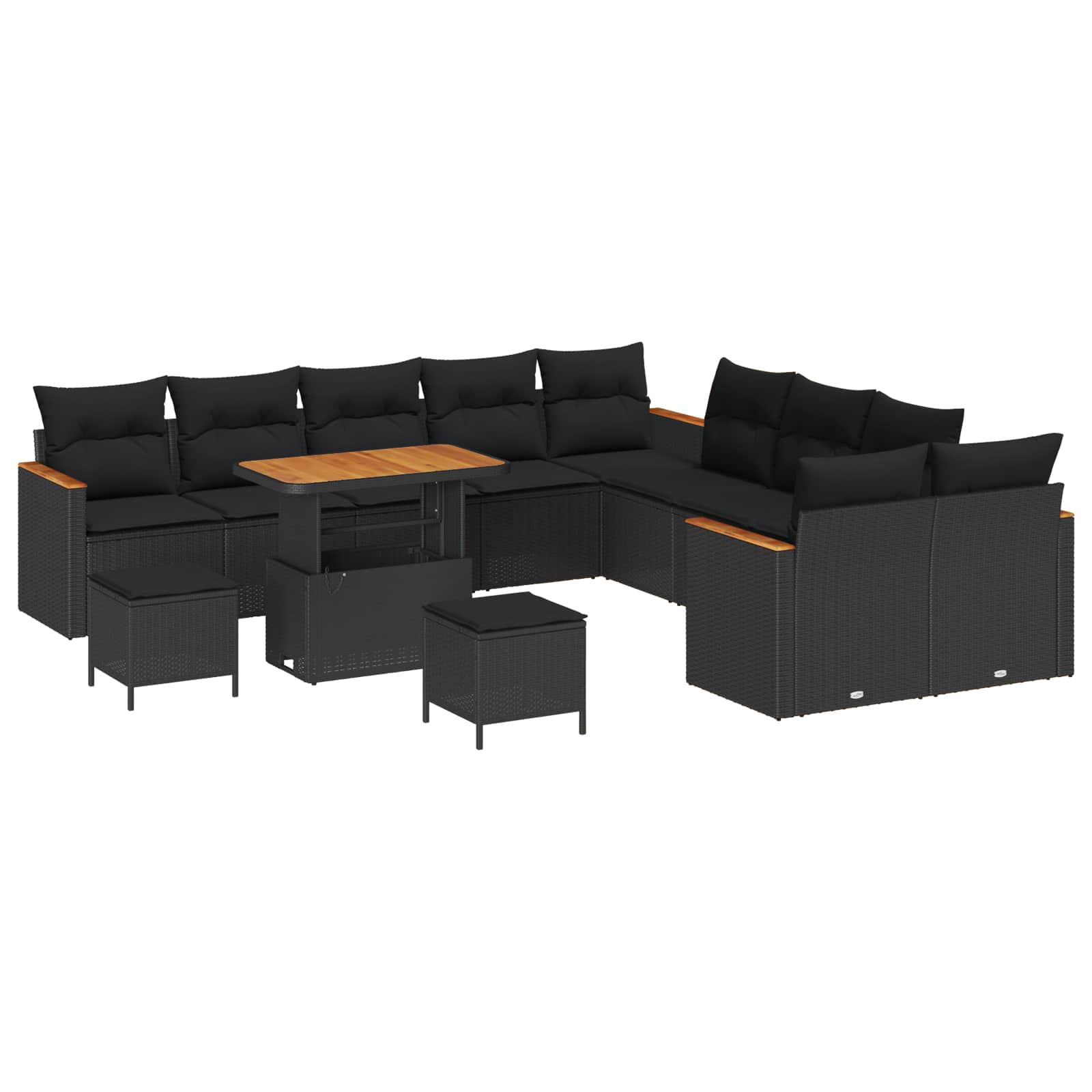 13 Dalių Sodo Sofa Rinkinys su Pagalvėmis Juodas Poli Ratanas Akacija