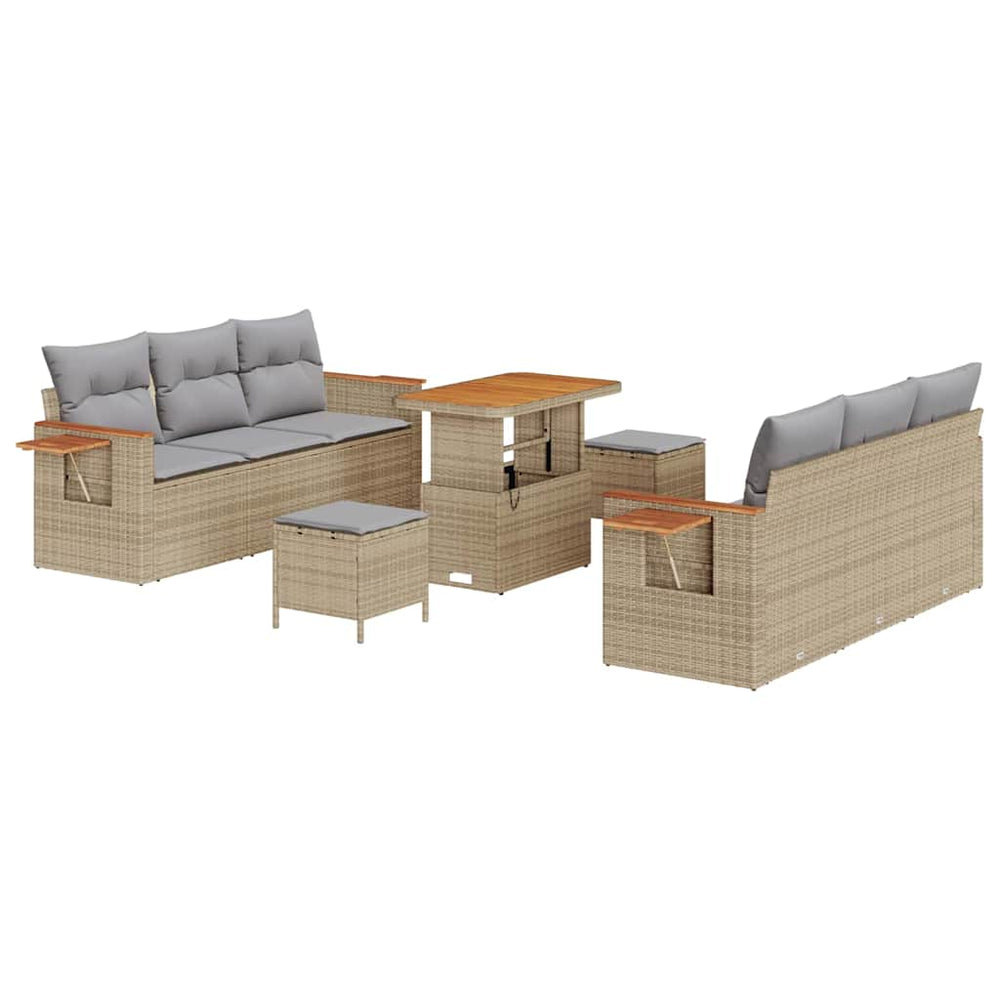 9-piece garden sofa set with cushions sand poly rattan acacia