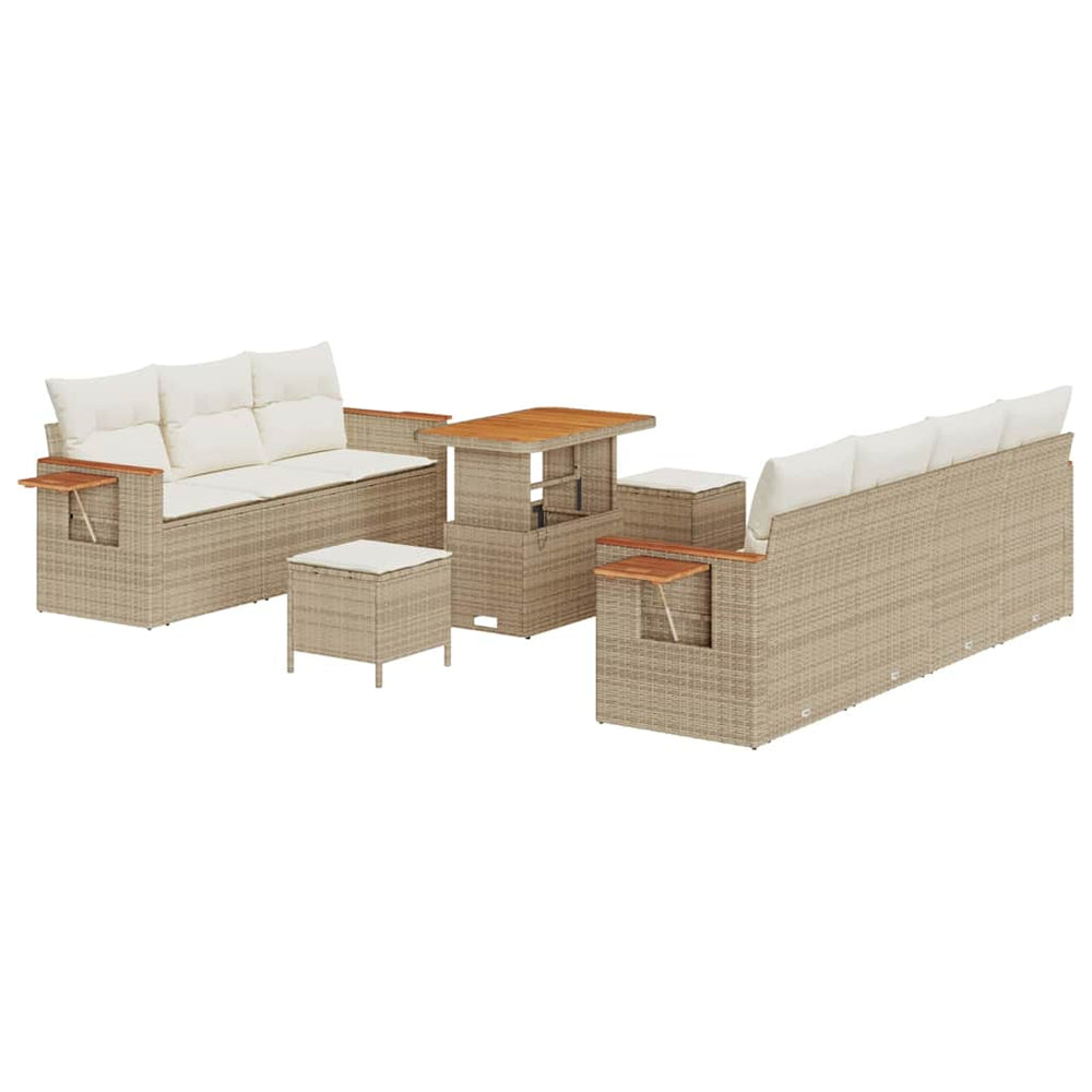 10-Piece Garden Sofa Set with Cushions Sand Poly Rattan Acacia