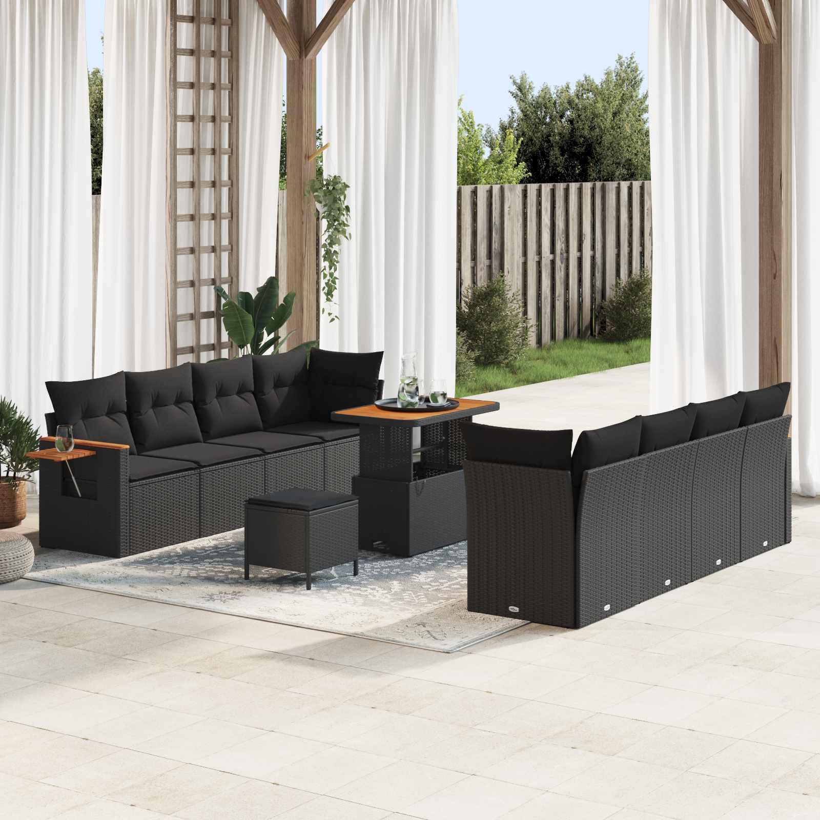 11-piece garden sofa set with cushions, black poly rattan, acacia wood