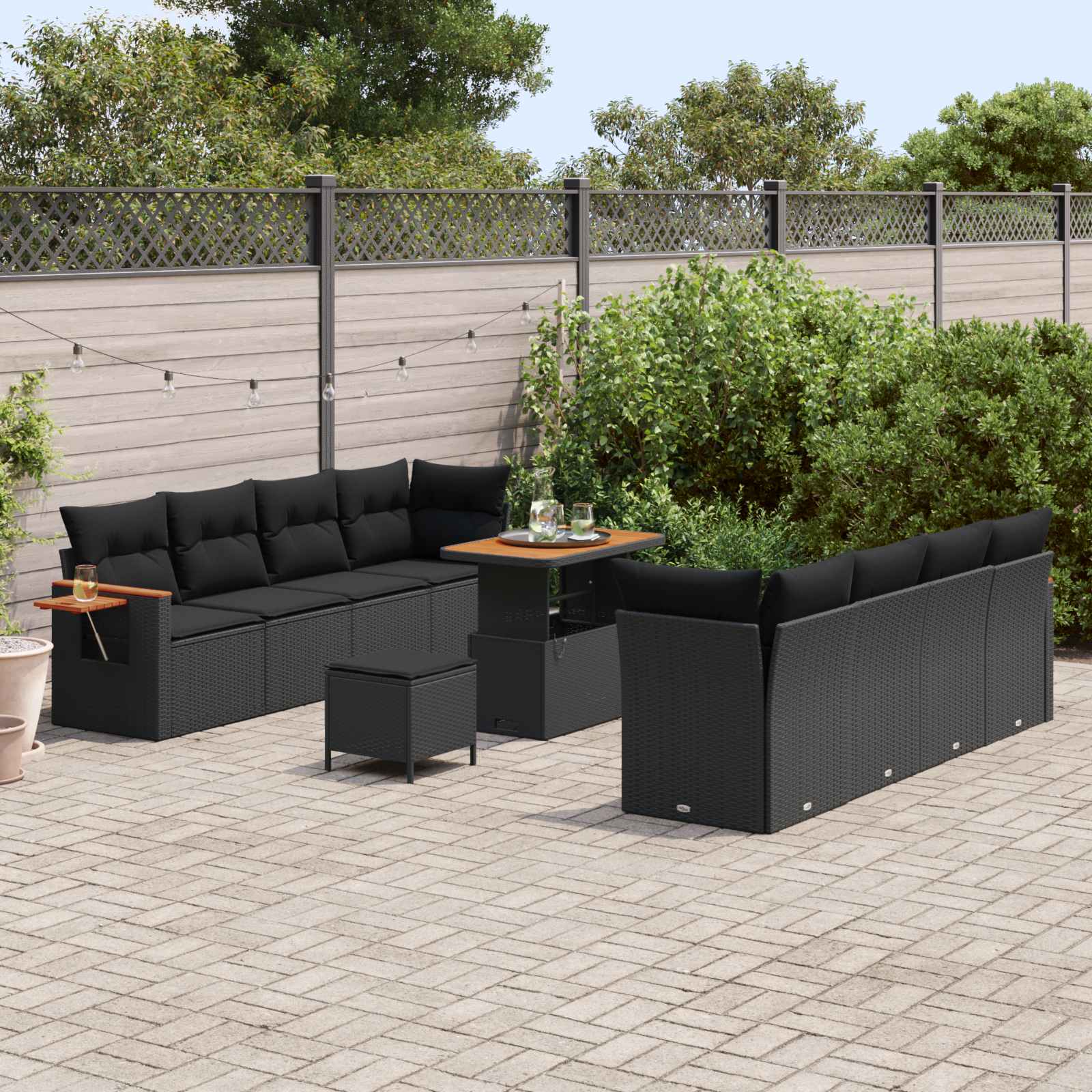11-piece garden sofa set with cushions, black poly rattan, acacia wood