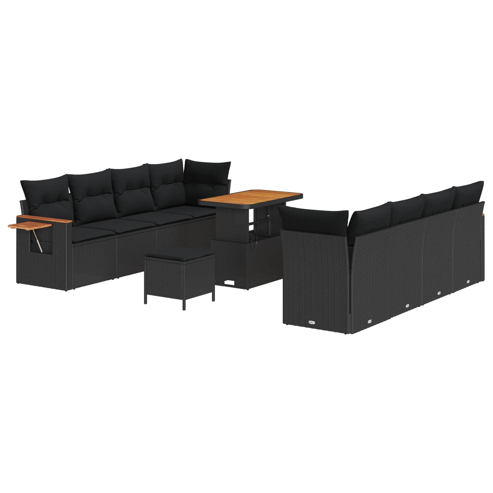 11-piece garden sofa set with cushions, black poly rattan, acacia wood