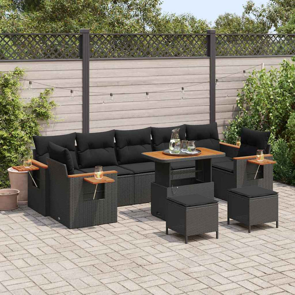 10 dalių sodo sofa komplektas su pagalvėlėmis Juodas Poliratanas Akacija