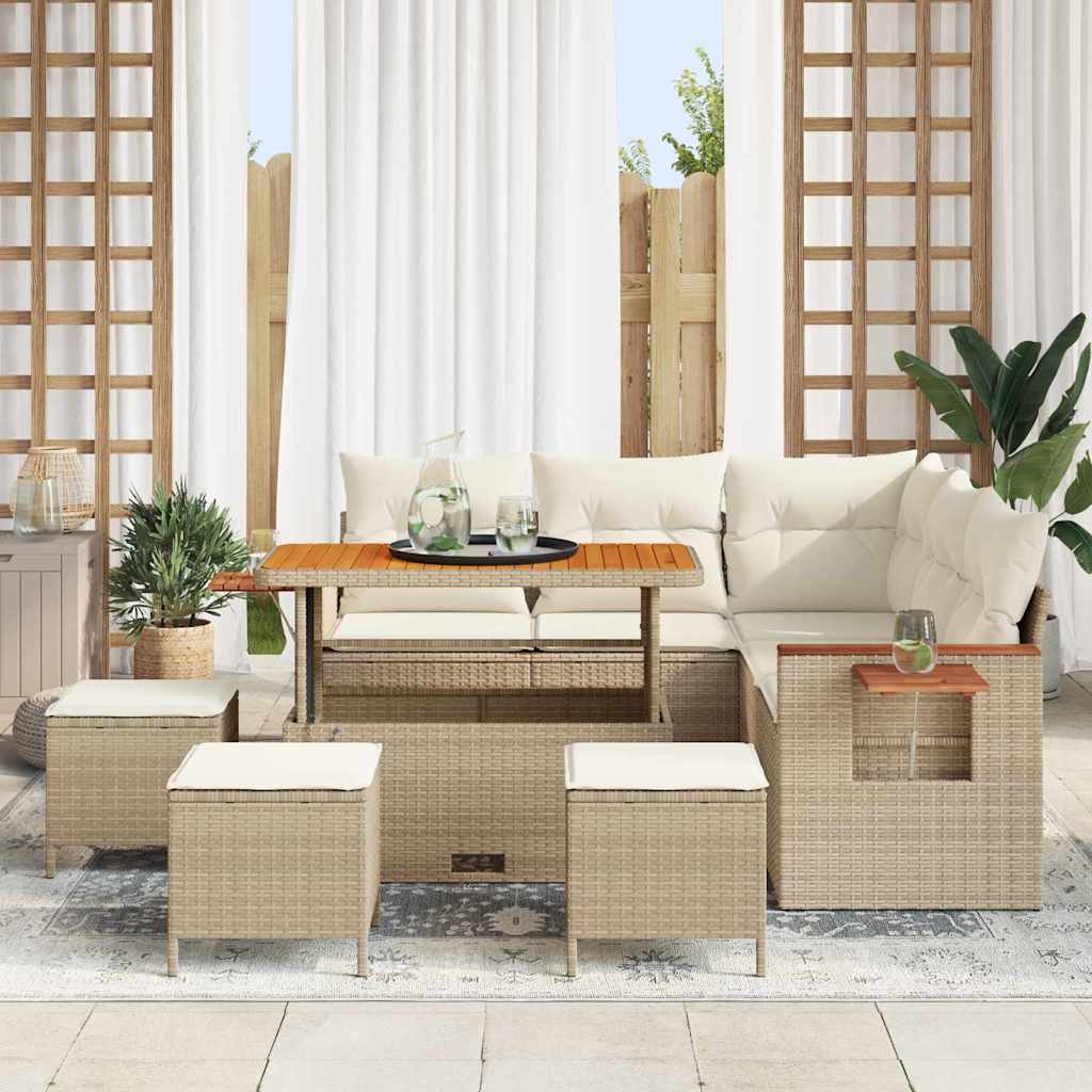Garden Sofa Set with Cushion 9 pcs Beige Poly Rattan