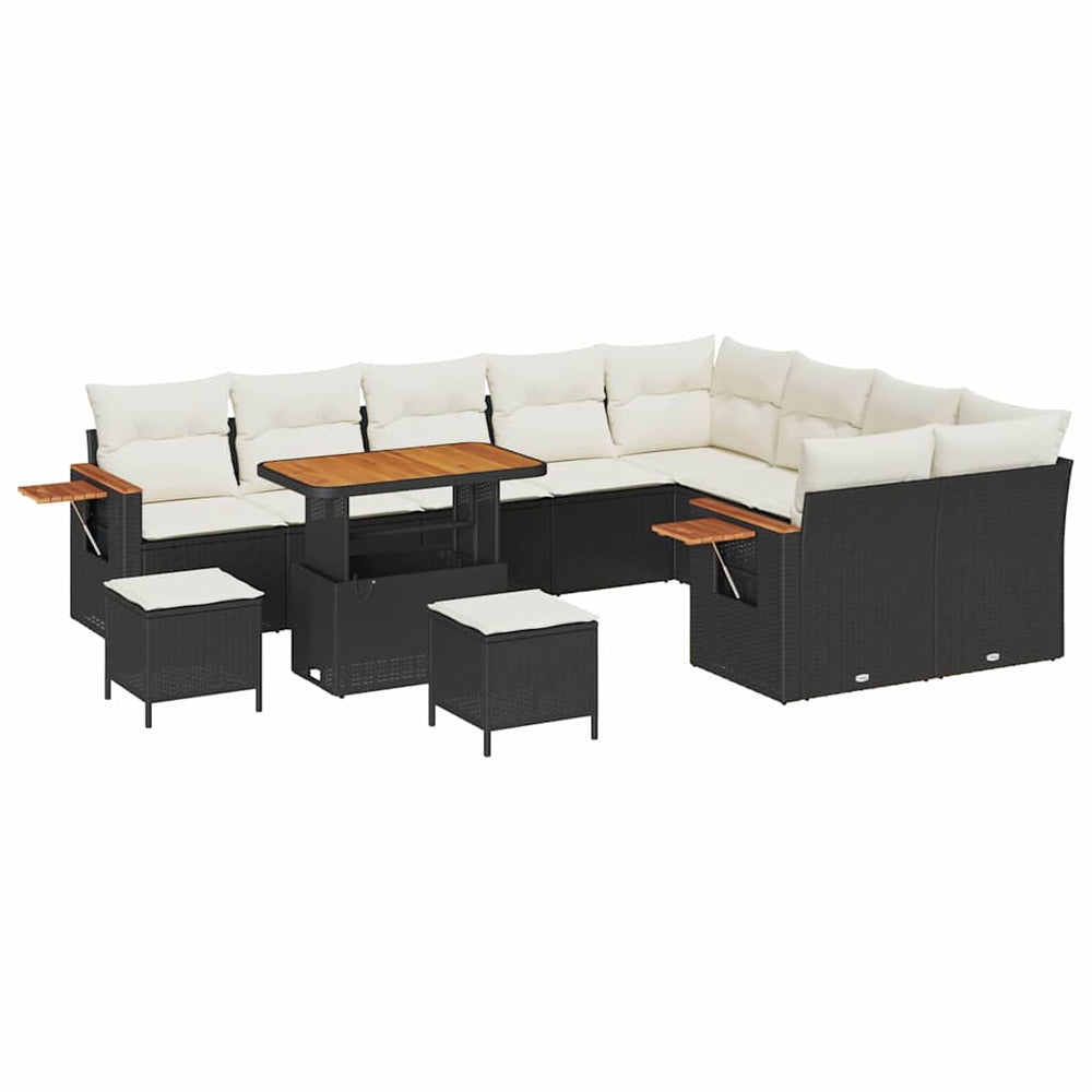 12 dalių sodo sofa komplektas su pagalvėlėmis Juoda Poli ratanas Akacija