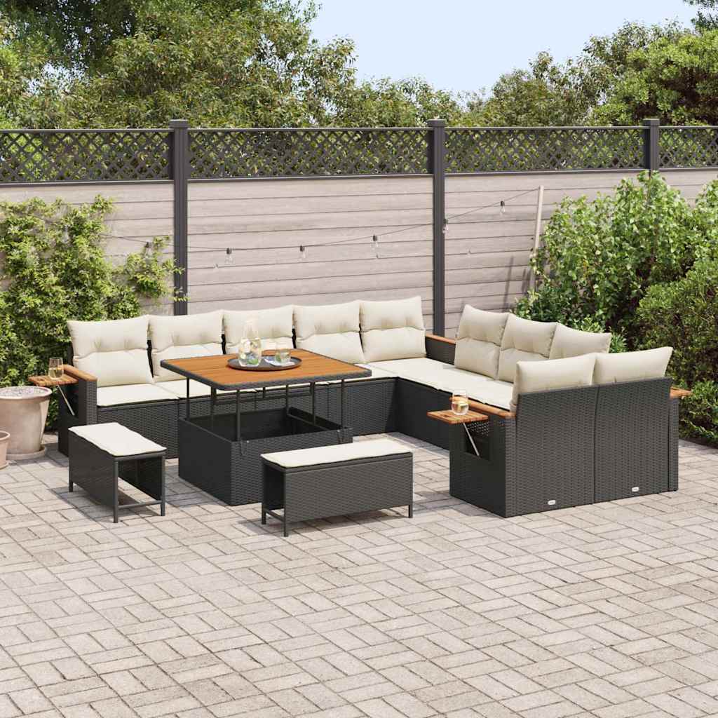 13 dalių sodo sofa komplektas su pagalvėlėmis juodas poli ratanas akacija