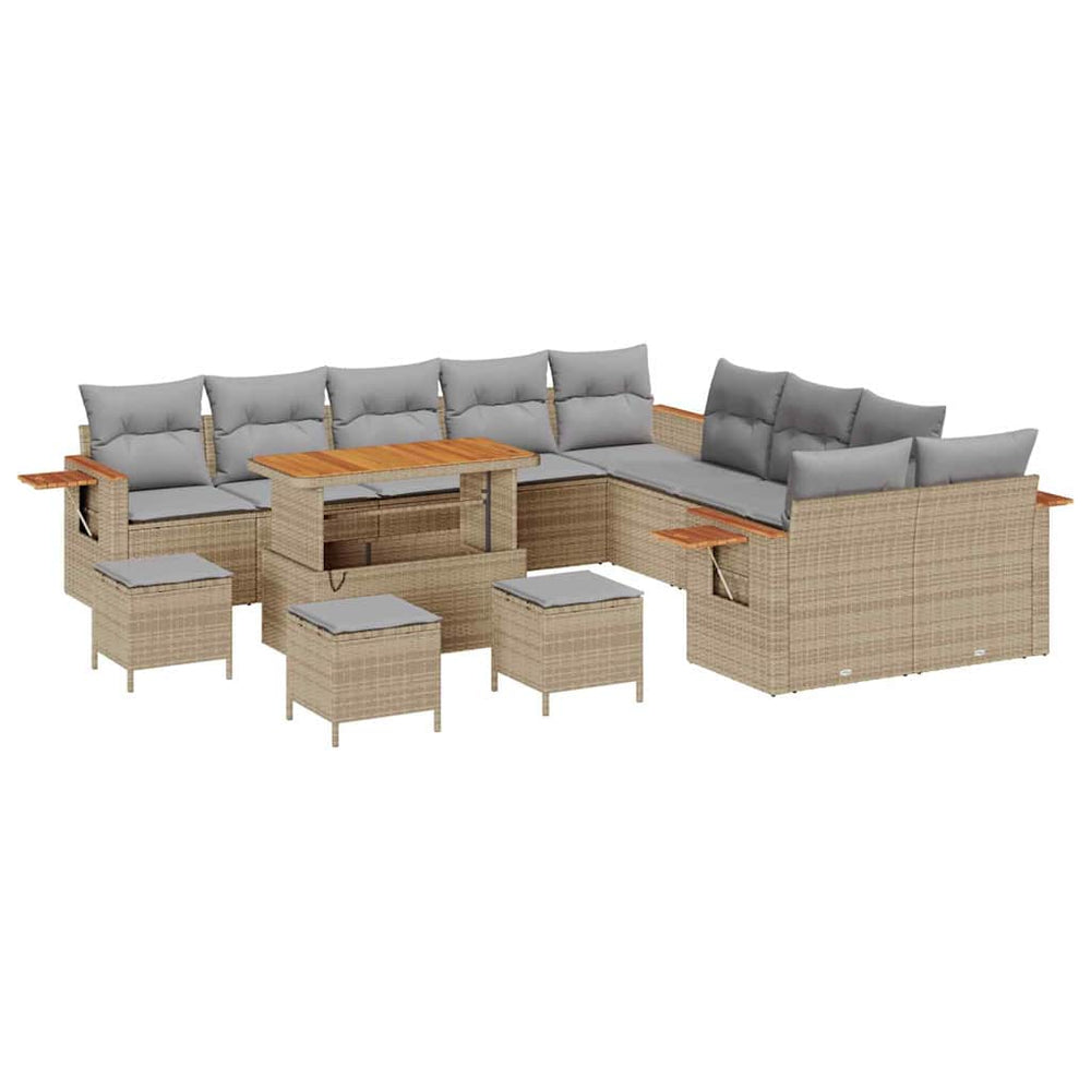 14-Piece Garden Sofa Set with Cushions Sand Poly Rattan Acacia