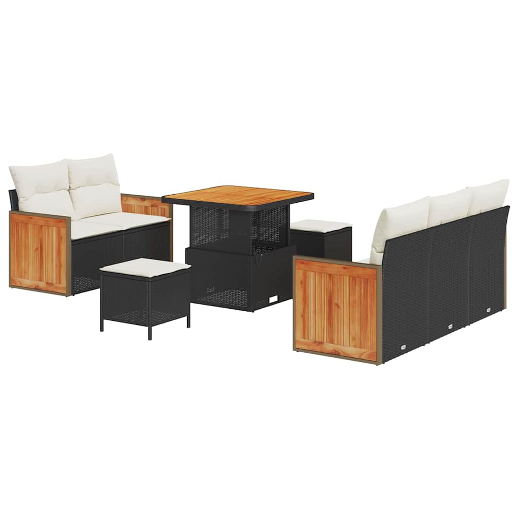 8 dalių Sodo Sofa Komplektas su Paminkštinimais Juodas Poli Ratanas Akacijos