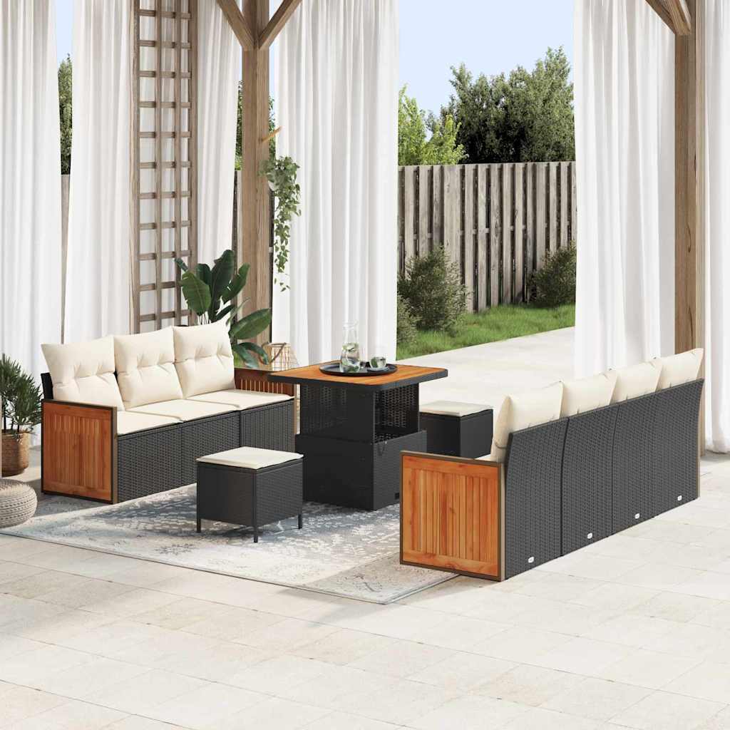 10 Dalių Sodo Sofa Komplektas su Pagalvėmis Juodas Poli Ratanas Akacijos