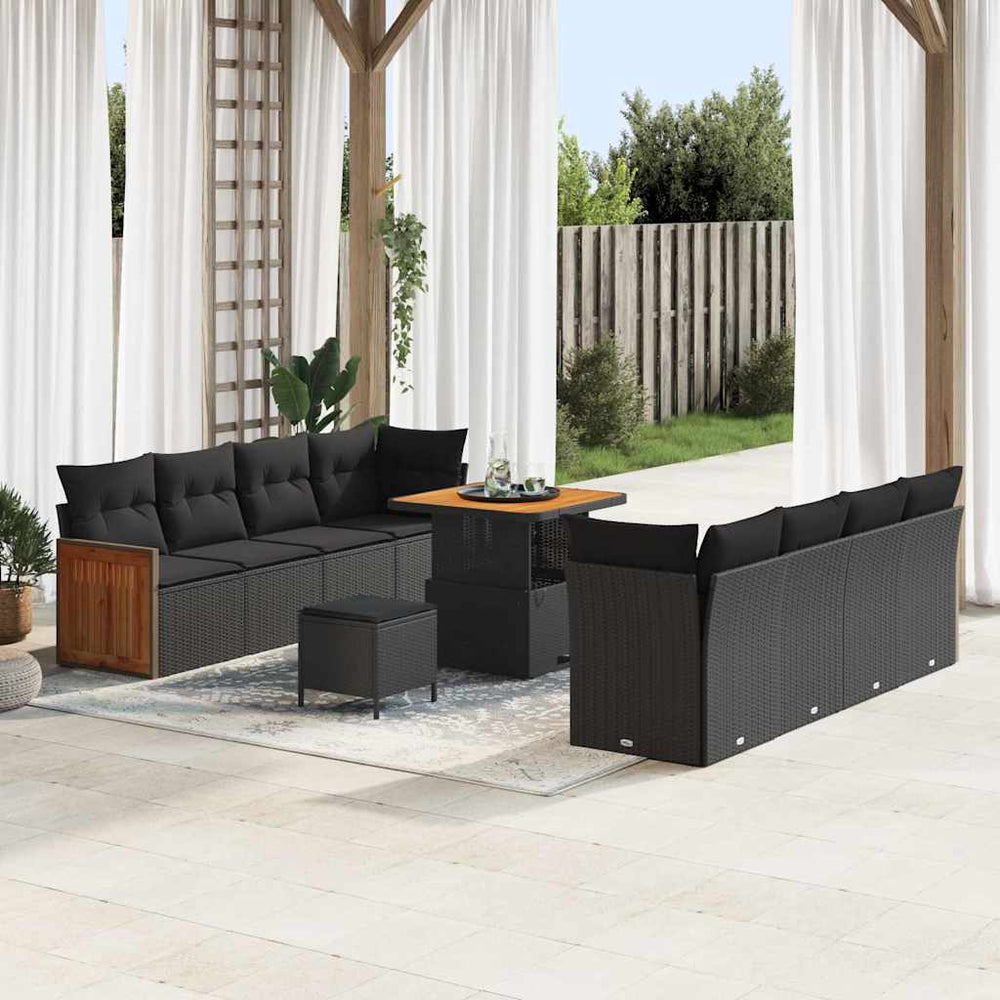 11 Dalių Sodo Sofa Rinkinys su Pagalvėmis Juodas Poli Ratanas Akacija