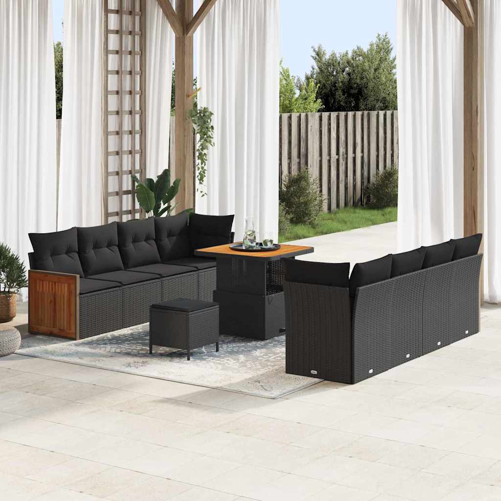 11 Dalių Sodo Sofa Rinkinys su Pagalvėmis Juodas Poli Ratanas Akacija