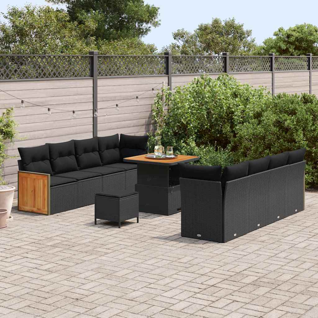 11 Dalių Sodo Sofa Rinkinys su Pagalvėmis Juodas Poli Ratanas Akacija