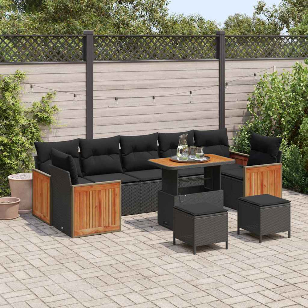 10 dalių sodo sofa rinkinys su pagalvėlėmis Juoda Poli ratanas Akacija