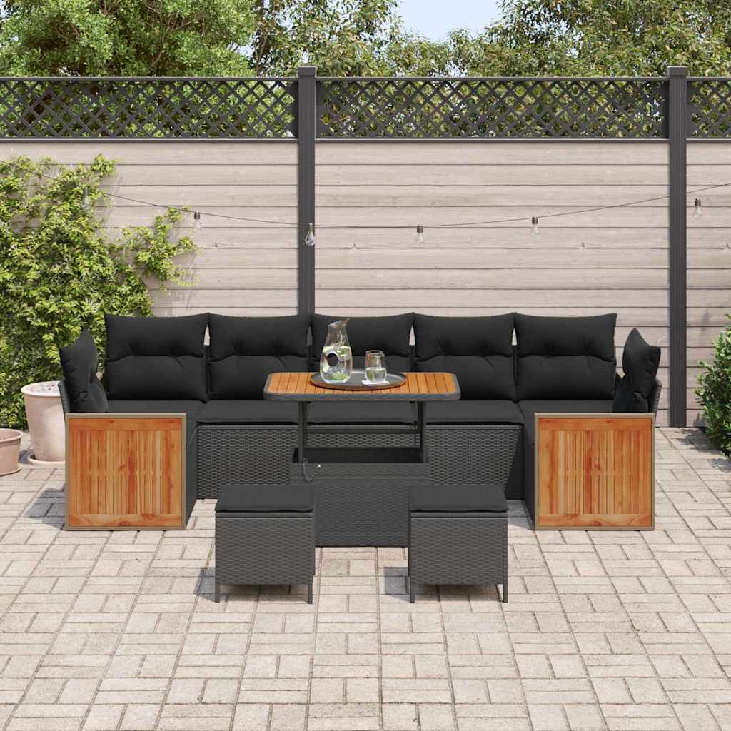10 dalių sodo sofa rinkinys su pagalvėlėmis Juoda Poli ratanas Akacija