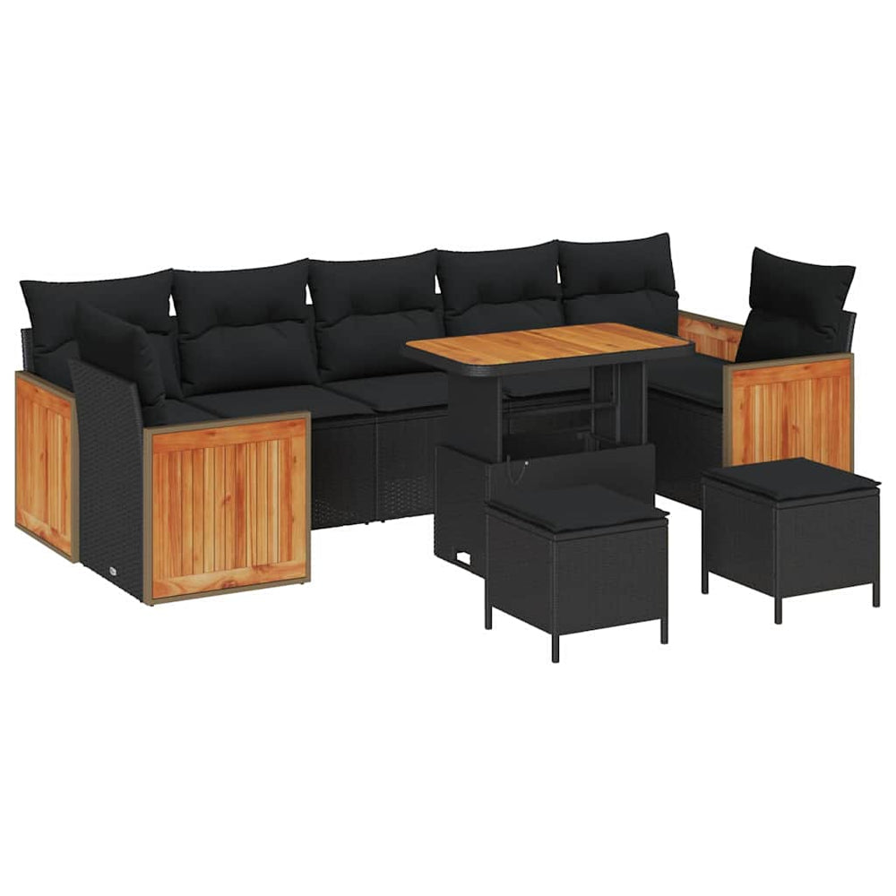 10 dalių sodo sofa rinkinys su pagalvėlėmis Juoda Poli ratanas Akacija