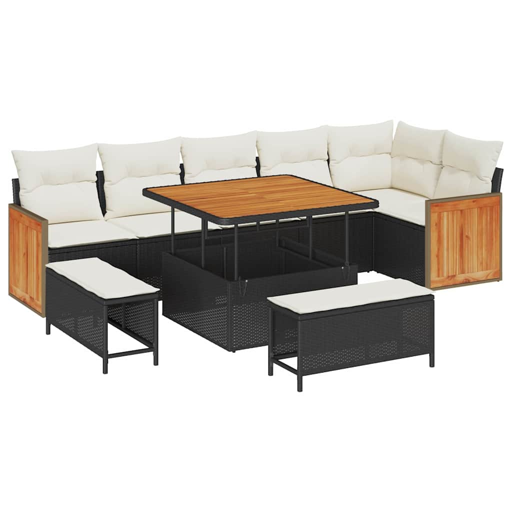 9 dalių sodo sofa rinkinys su pagalvėlėmis Juoda Poli Ratanas Akacija