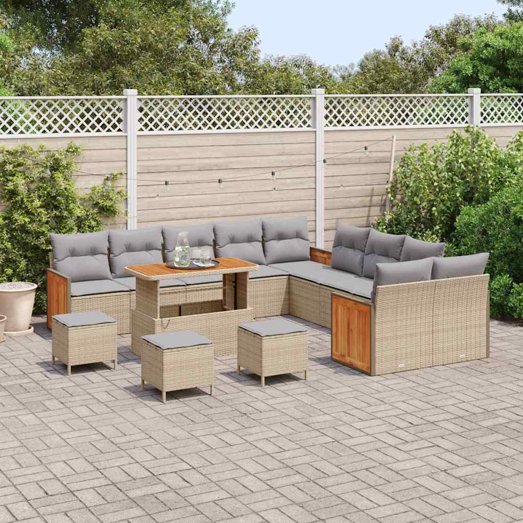 14 dalių sodo sofos rinkinys su pagalvėmis, šviesiai pilkas poli ratanas akacija
