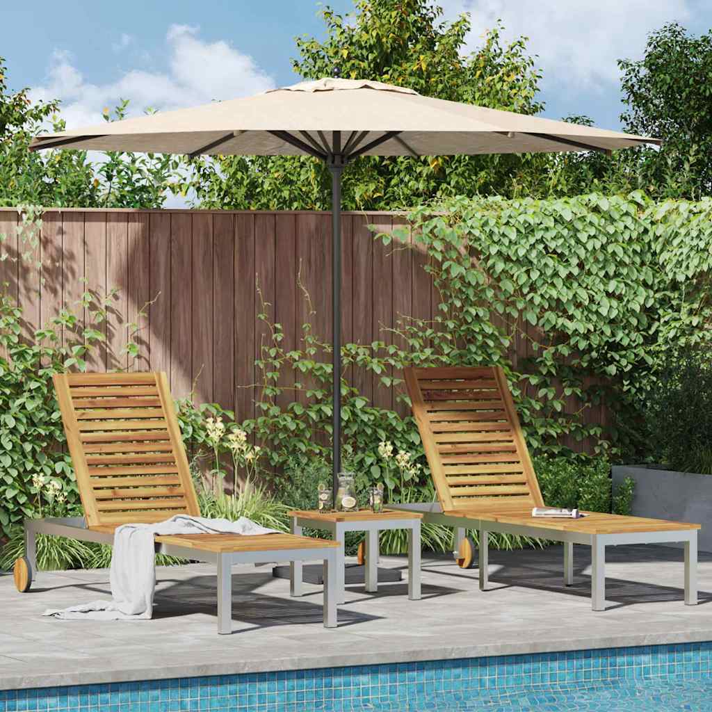 Sun loungers, 2 pcs., with table, made of solid acacia wood and stainless steel