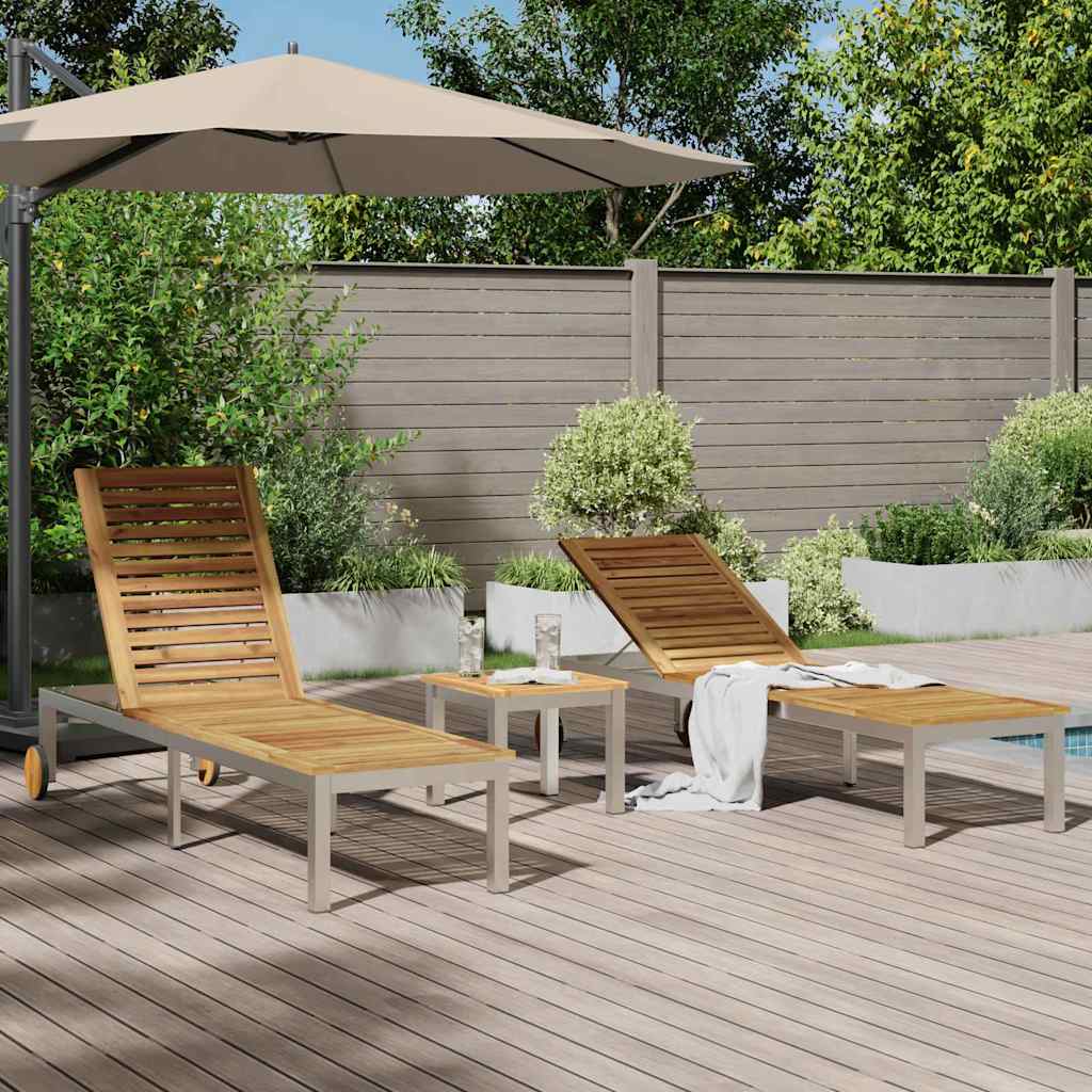 Sun loungers, 2 pcs., with table, made of solid acacia wood and stainless steel