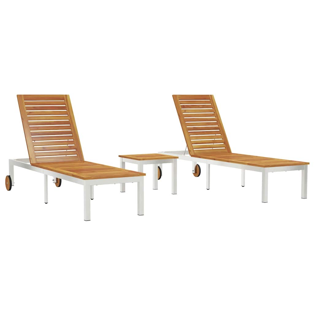 Sun loungers, 2 pcs., with table, made of solid acacia wood and stainless steel
