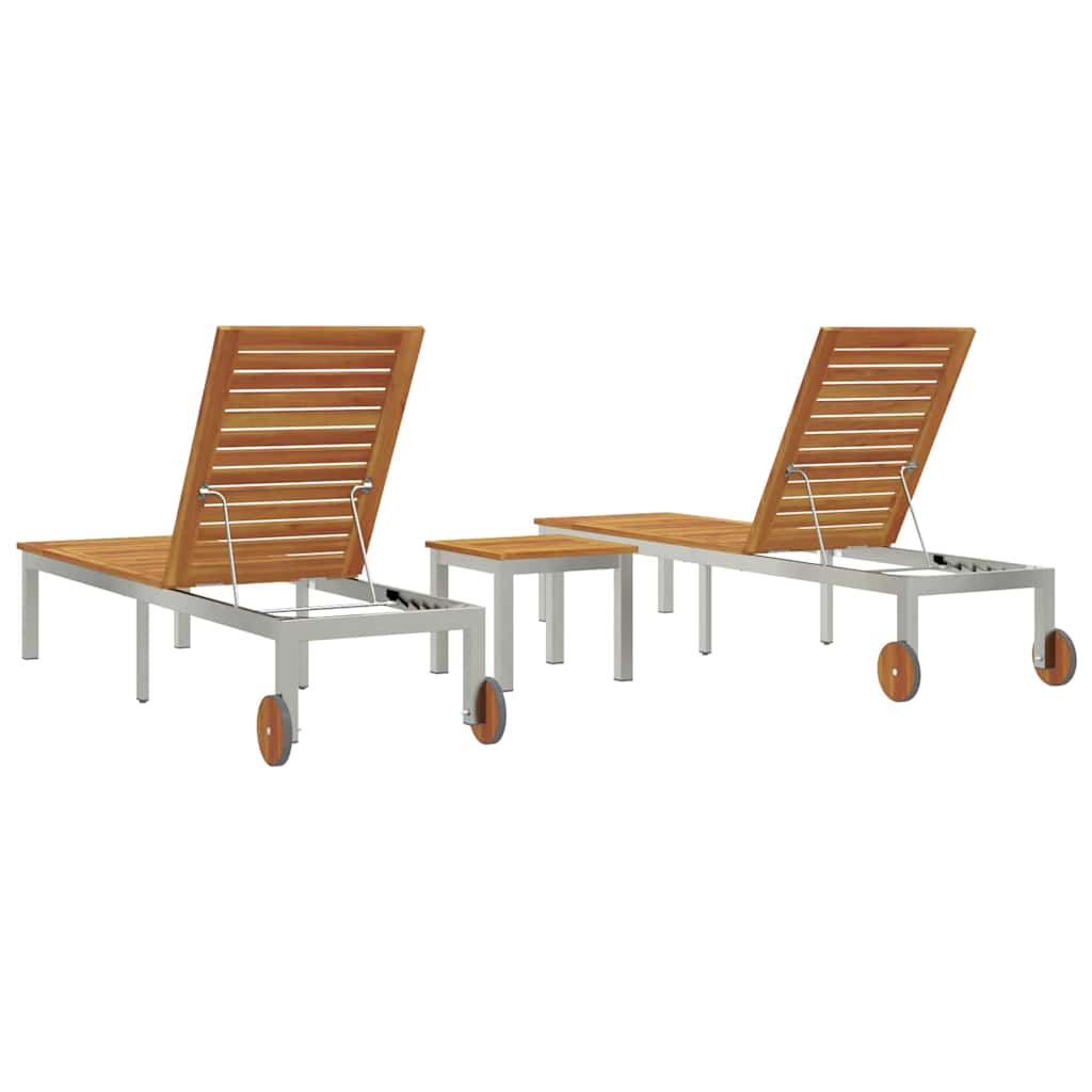 Sun loungers, 2 pcs., with table, made of solid acacia wood and stainless steel