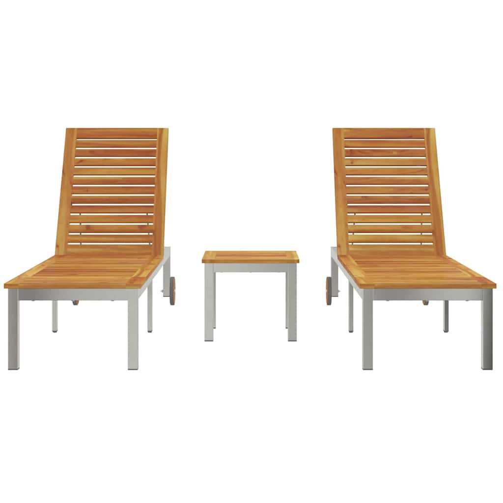 Sun loungers, 2 pcs., with table, made of solid acacia wood and stainless steel