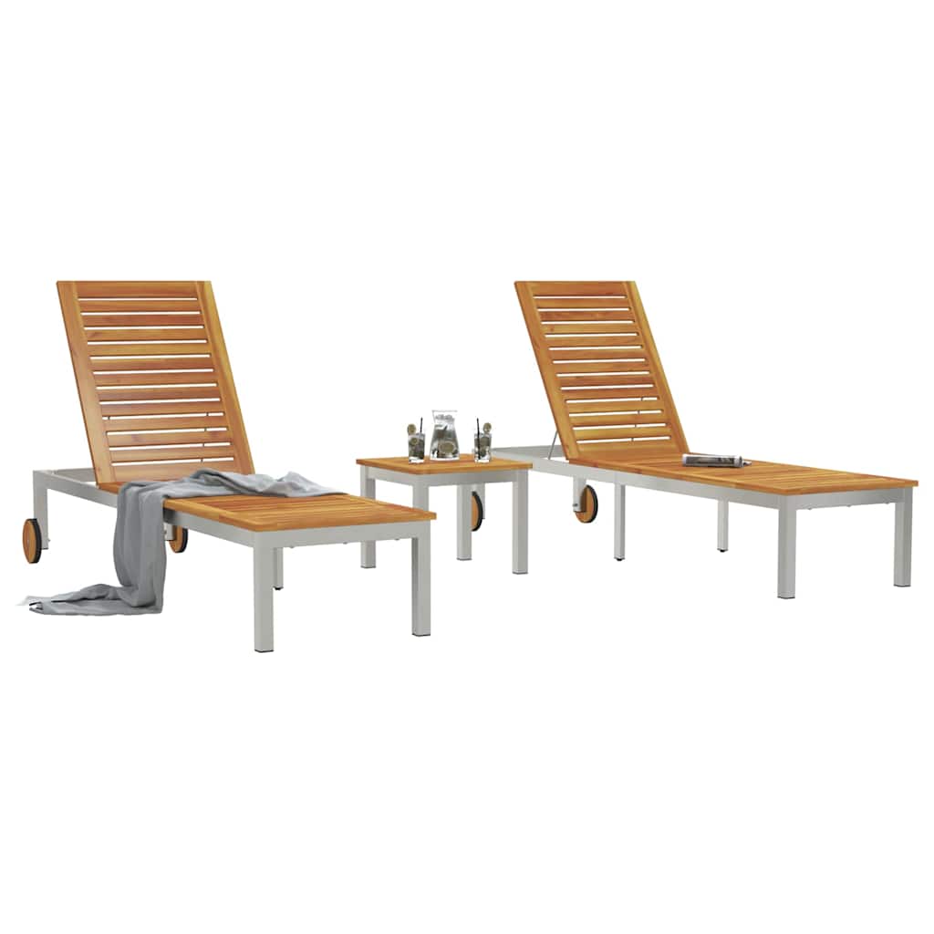 Sun loungers, 2 pcs., with table, made of solid acacia wood and stainless steel