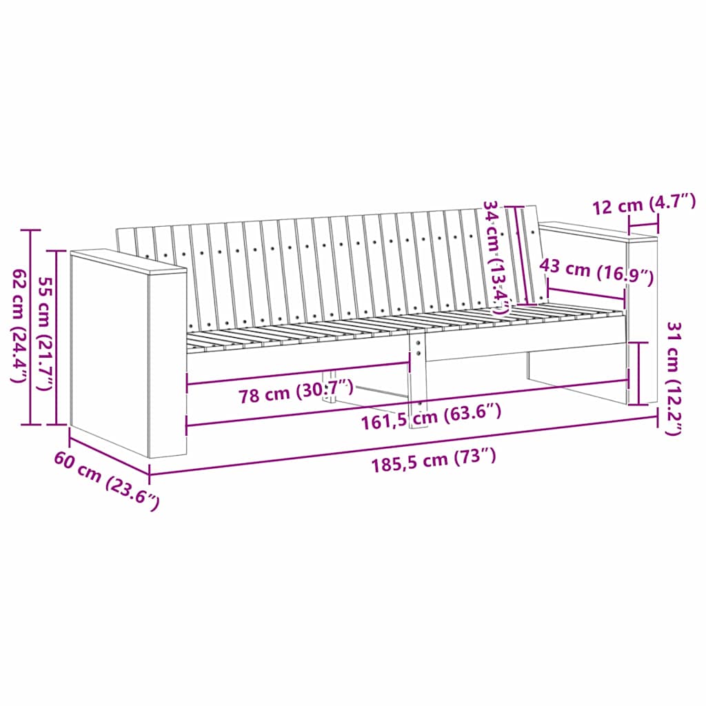 Sodo sofa Ruda 185,5 x 60 x 62 cm Kietos pušies mediena