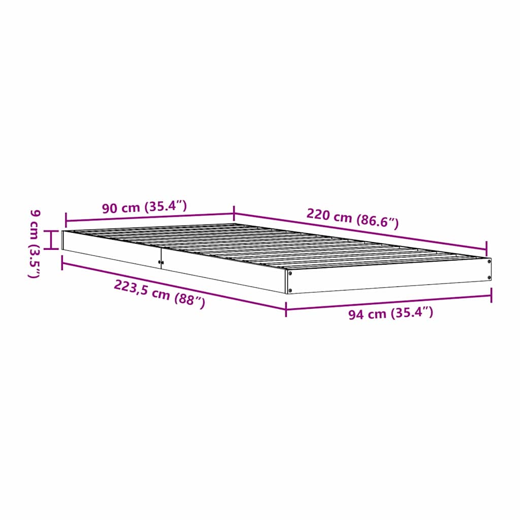 Grindų lovos rėmas Balta 90 x 220 cm Pušies medienos masyvas