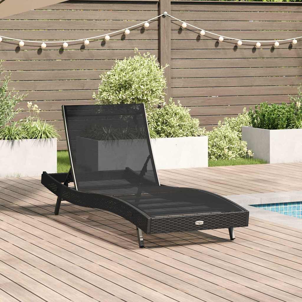 Sun lounger - black poly rattan and textilene