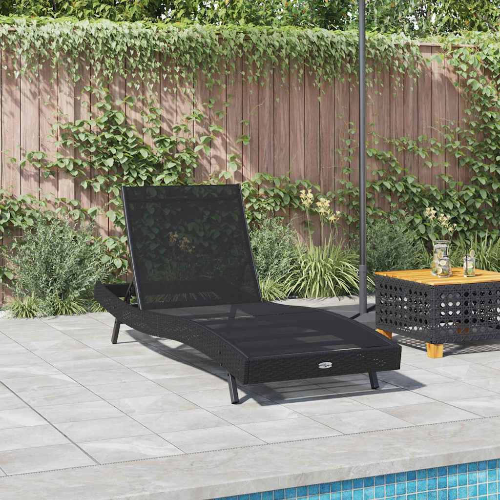 Sun lounger - black poly rattan and textilene