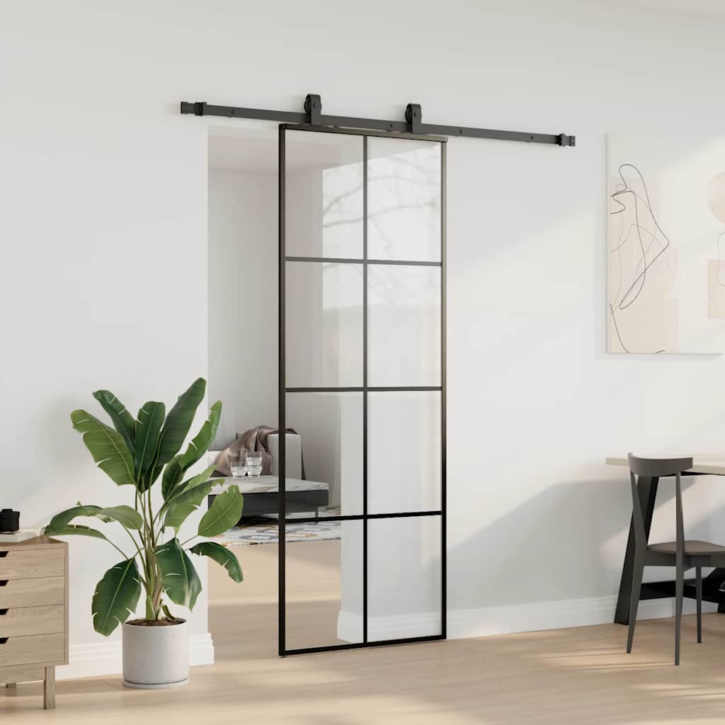 Bīdāmās durvis ar furnitūras komplektu, melnas, 76x205 cm, ESG un