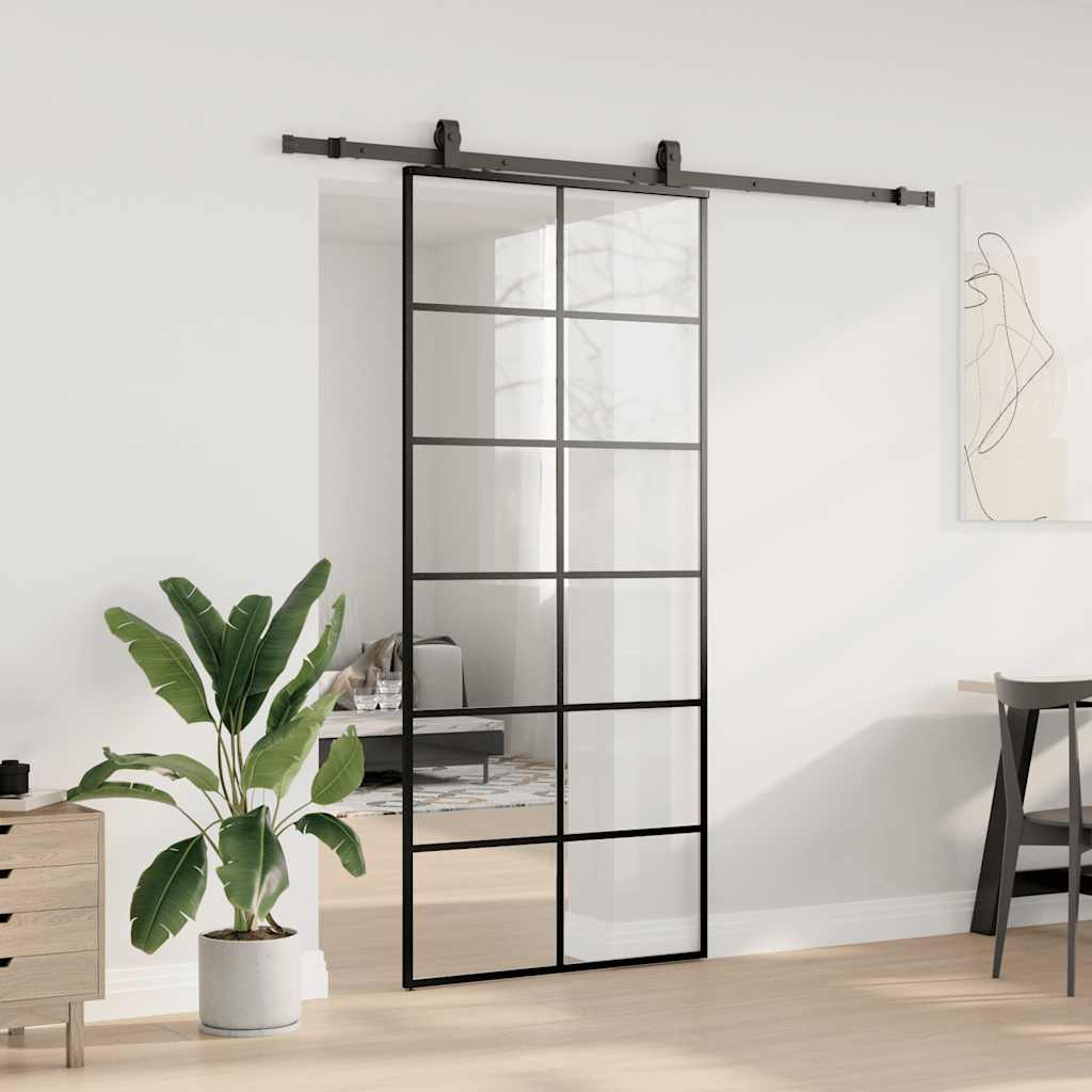 Bīdāmās durvis ar furnitūras komplektu, melnas, 90x205 cm, ESG stikls un