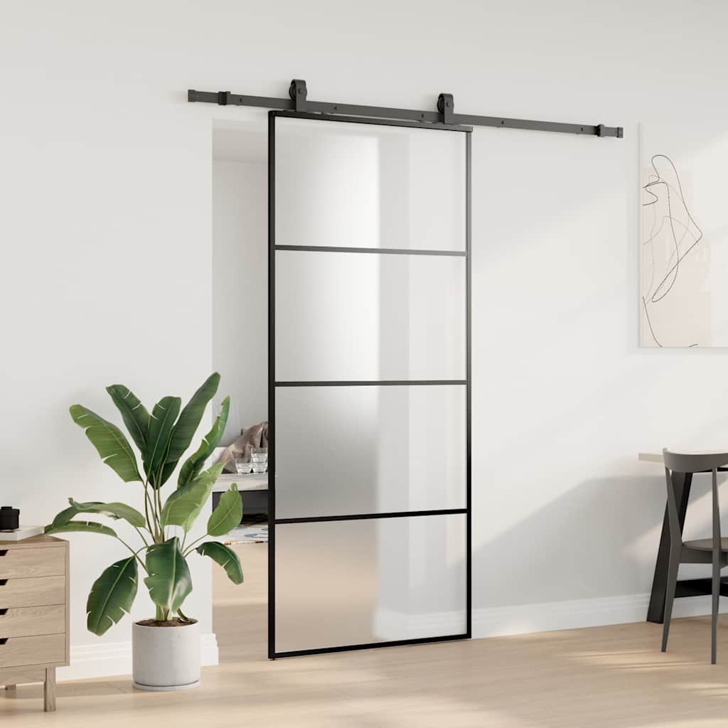 Sliding door with fitting kit, black, 90x205 cm, ESG glass and
