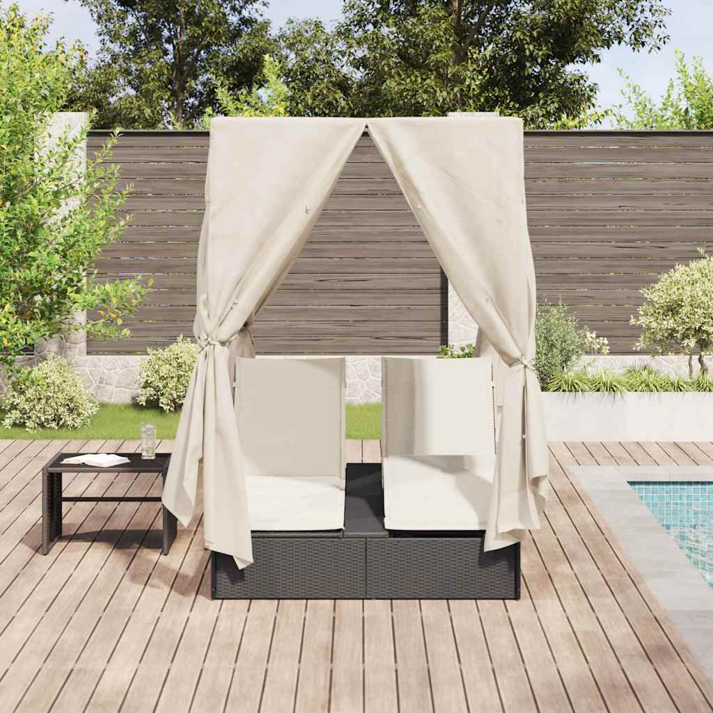 Two-Seater Sun Lounger with Roof Black 205 x 129 x 200 cm