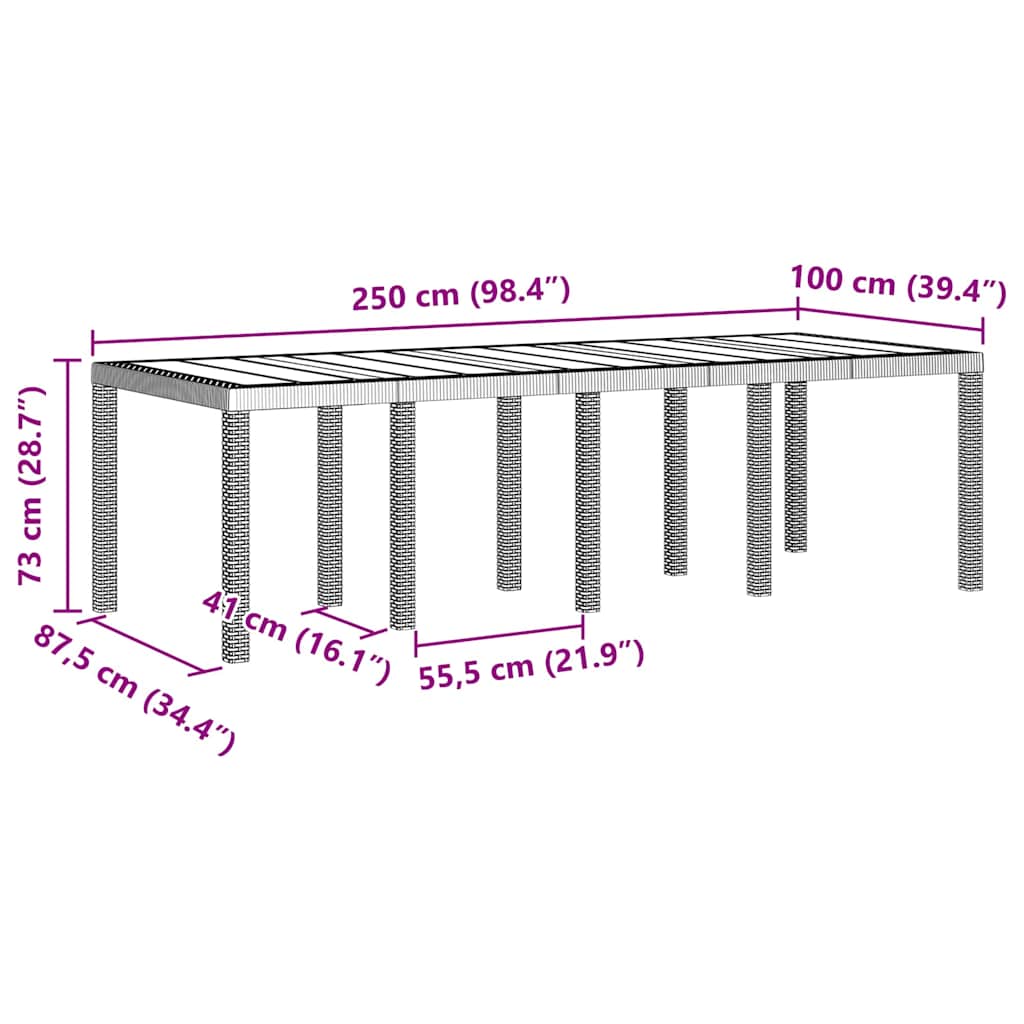 Sodo stalas Šviesiai pilka 250 x 100 x 73 cm poliratanas