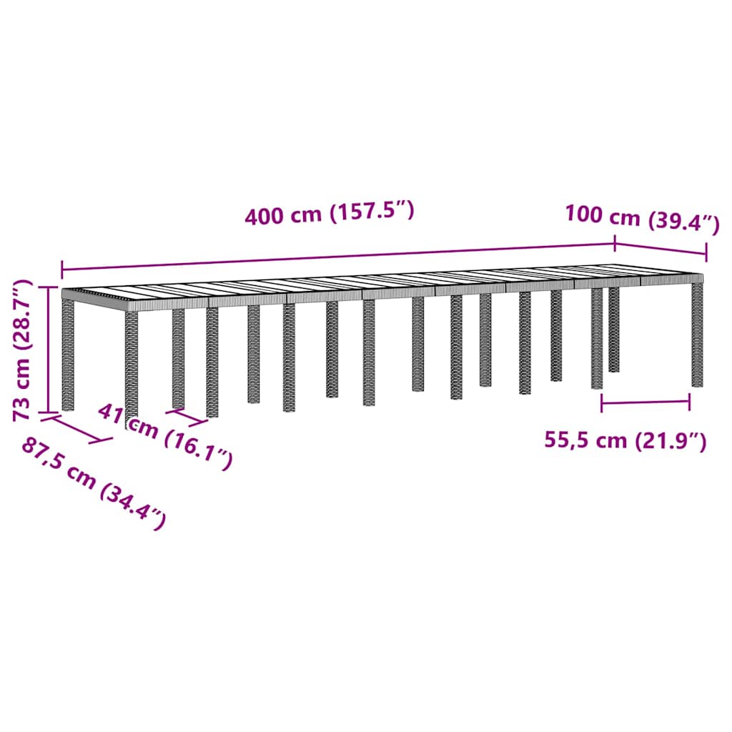 Sodo stalas Šviesiai pilka 400 x 100 x 73 cm poliratanas