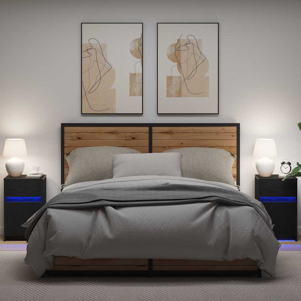 LED bedside tables with cabinets 2 pcs black oak