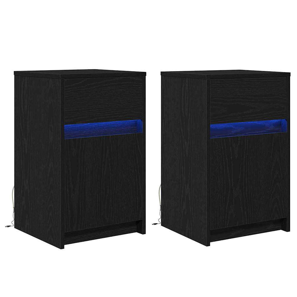 LED bedside tables with cabinets 2 pcs black oak