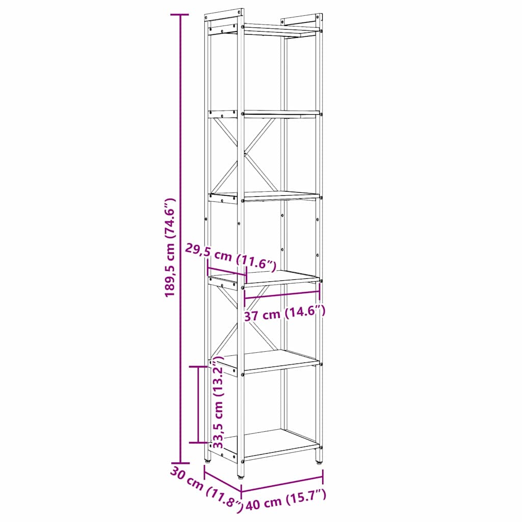 Bookcase Grey Sonoma Oak 40 x 30 x 188 cm