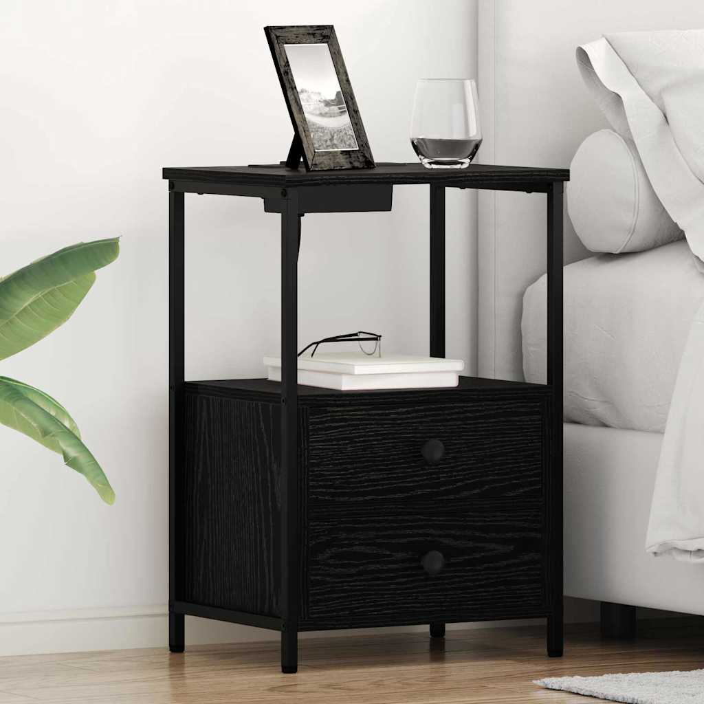 Nightstand with Charging Station with Drawer Black Oak