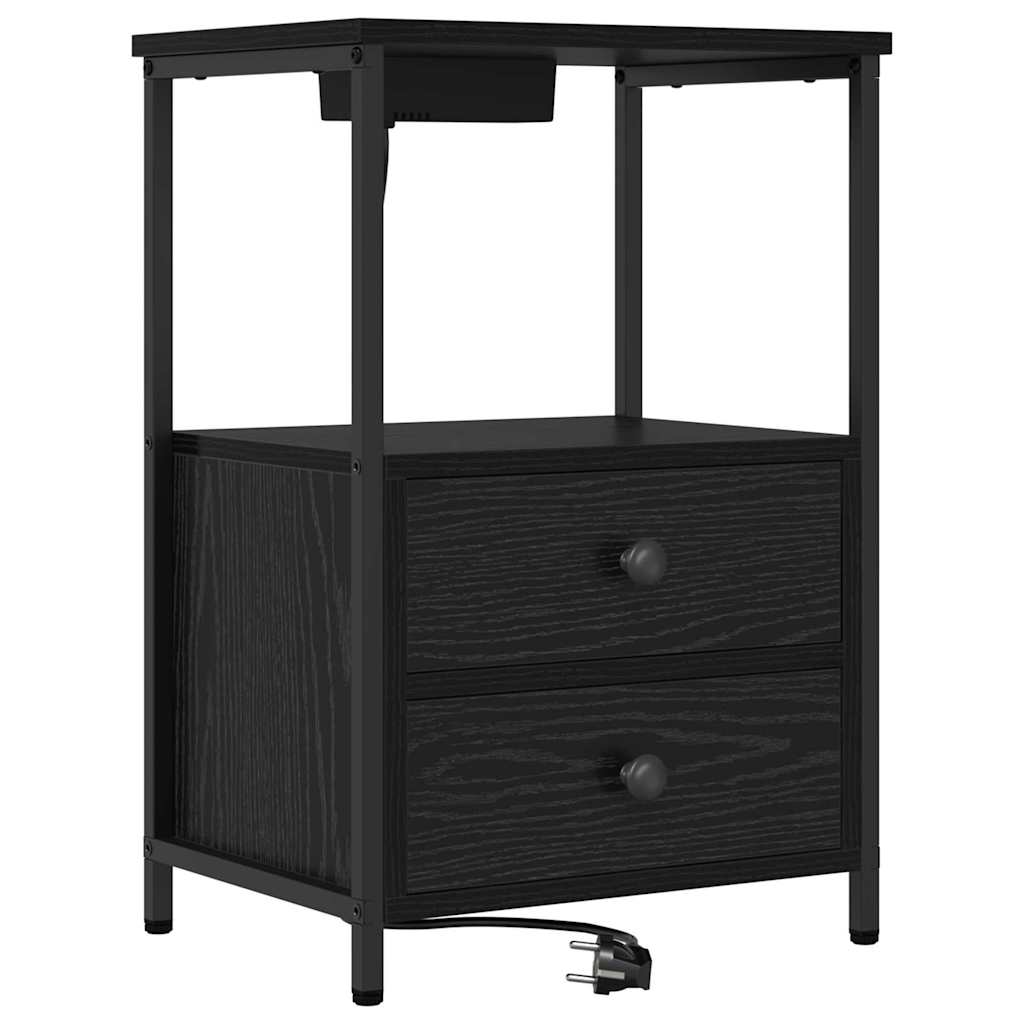 Nightstand with Charging Station with Drawer Black Oak